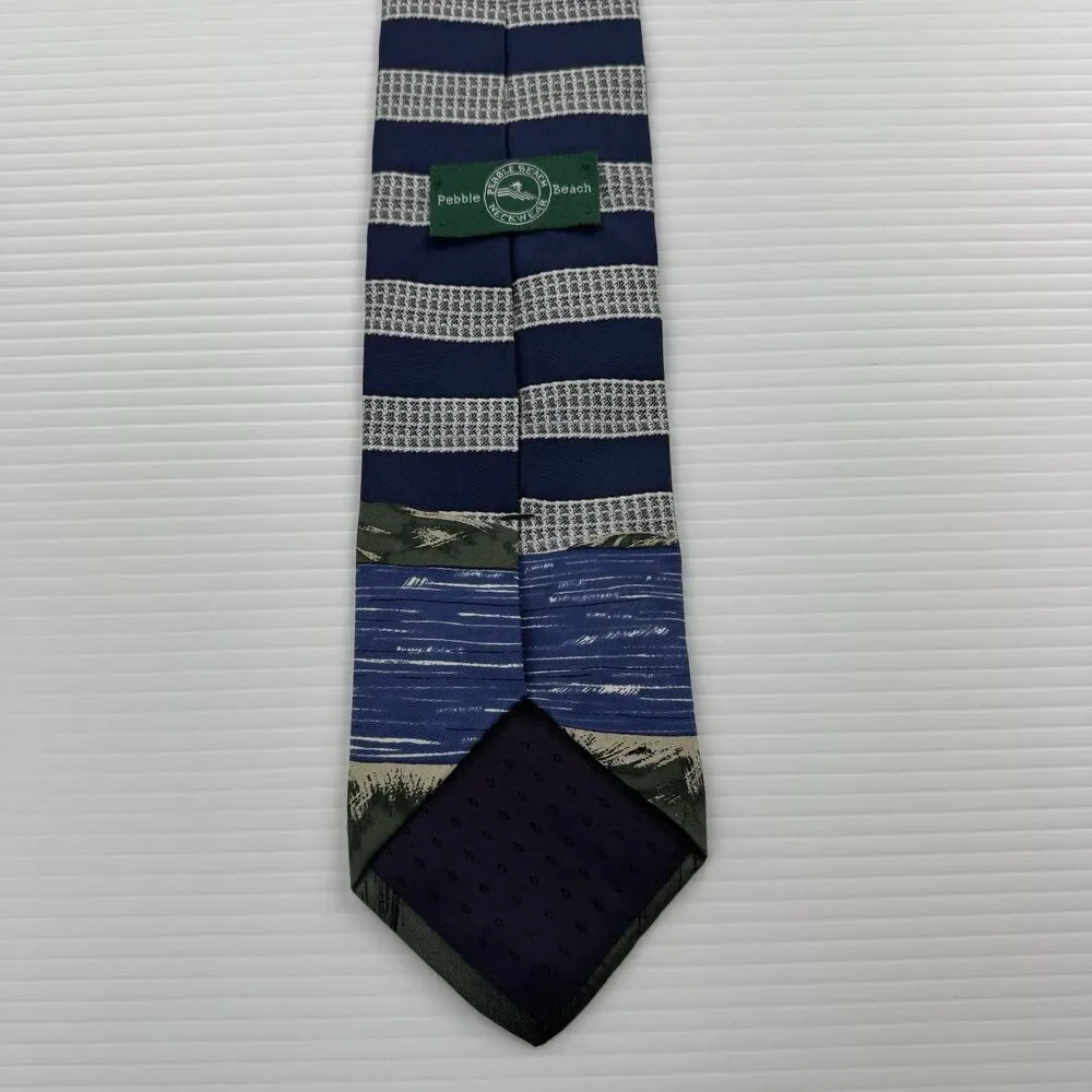 Pebble Beach Golf Tie Silk USA Blue Striped Scenic Golfer Novelty Necktie